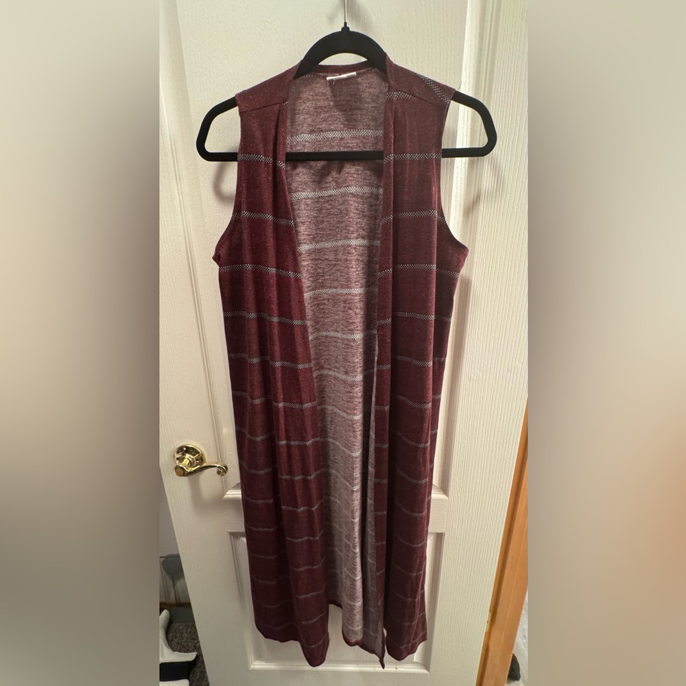 LuLaRoe Burgundy Stripe Joy Vest Duster